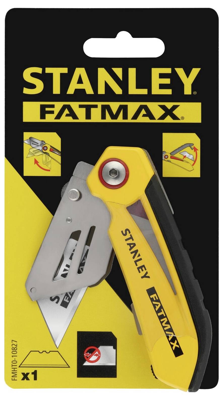 Żółto-czarne opakowanie noża składanego Stanley Fatmax. Zawiera nóż składany i zapasowe ostrze. Na opakowaniu przedstawiono instrukcje obsługi.