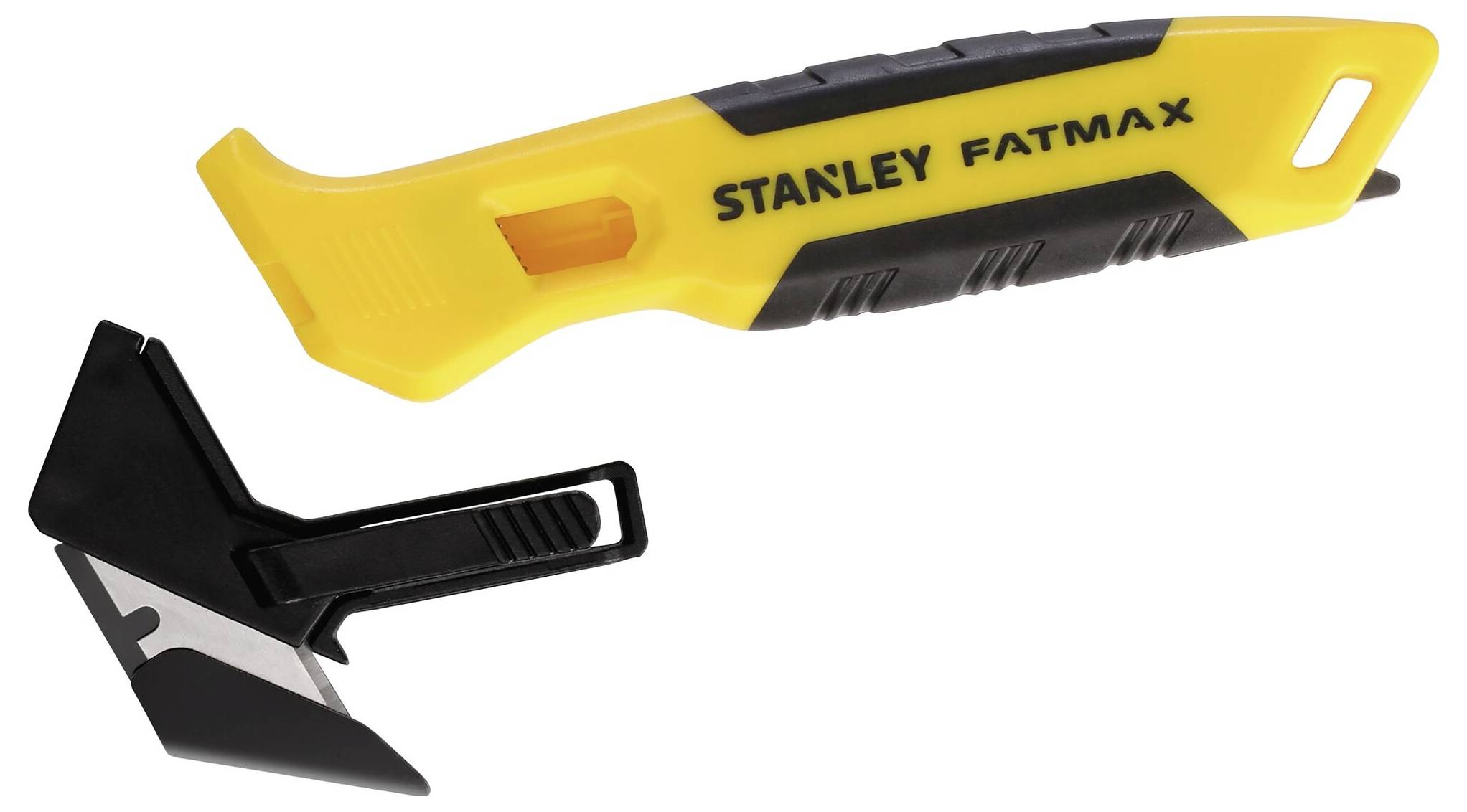 Żółty nóż bezpieczny Stanley Fatmax z czarnym ostrzem i osłoną zabezpieczającą, przeznaczony do cięcia kartonu.