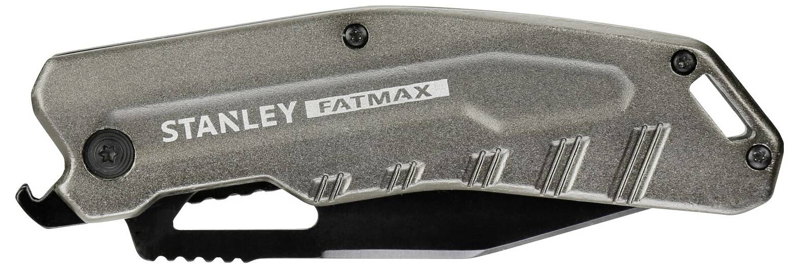 Szare uniwersalne ostrze Stanley FatMax z zaokrąglonymi krawędziami, bezpiecznym ostrzem i ergonomicznym uchwytem.