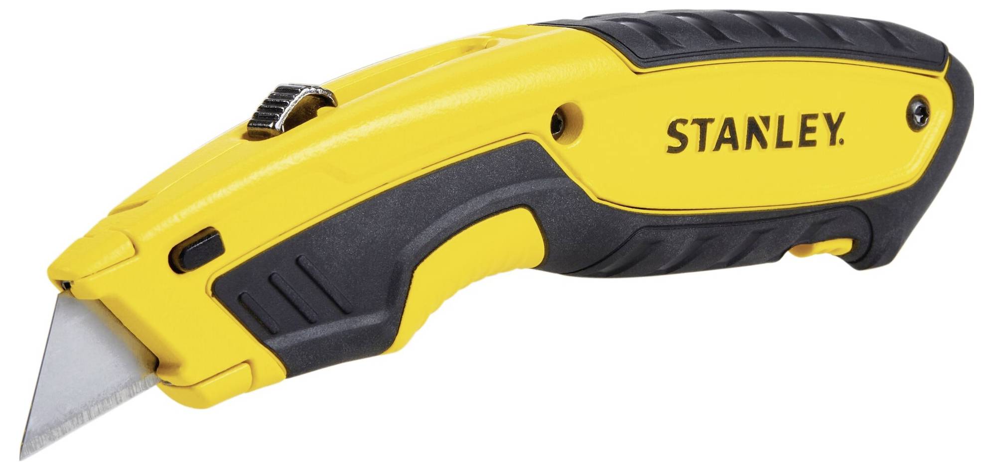 Żółty nóż składany Stanley z czarną rękojeścią i srebrnym ostrzem, zaprojektowany do precyzyjnego cięcia papieru, kartonu i innych materiałów.