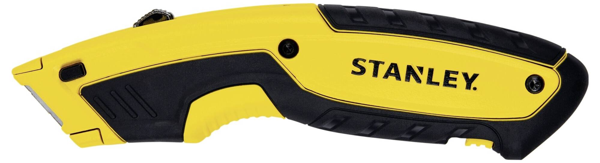 Żółty i czarny nóż uniwersalny Stanley z ergonomicznym uchwytem i blokadą ostrza, odpowiedni do precyzyjnych prac tnących.