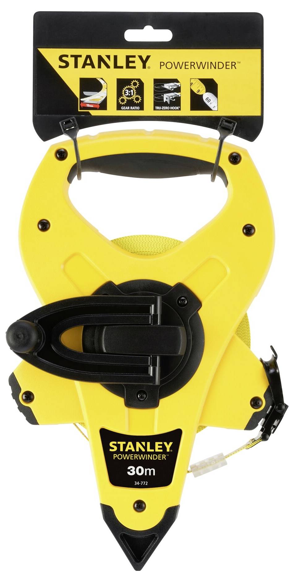 Żółta miarka Stanley Powerwinder o długości 30 metrów, z ergonomicznym uchwytem i korbką do łatwego nawijania. Opakowanie w tle.