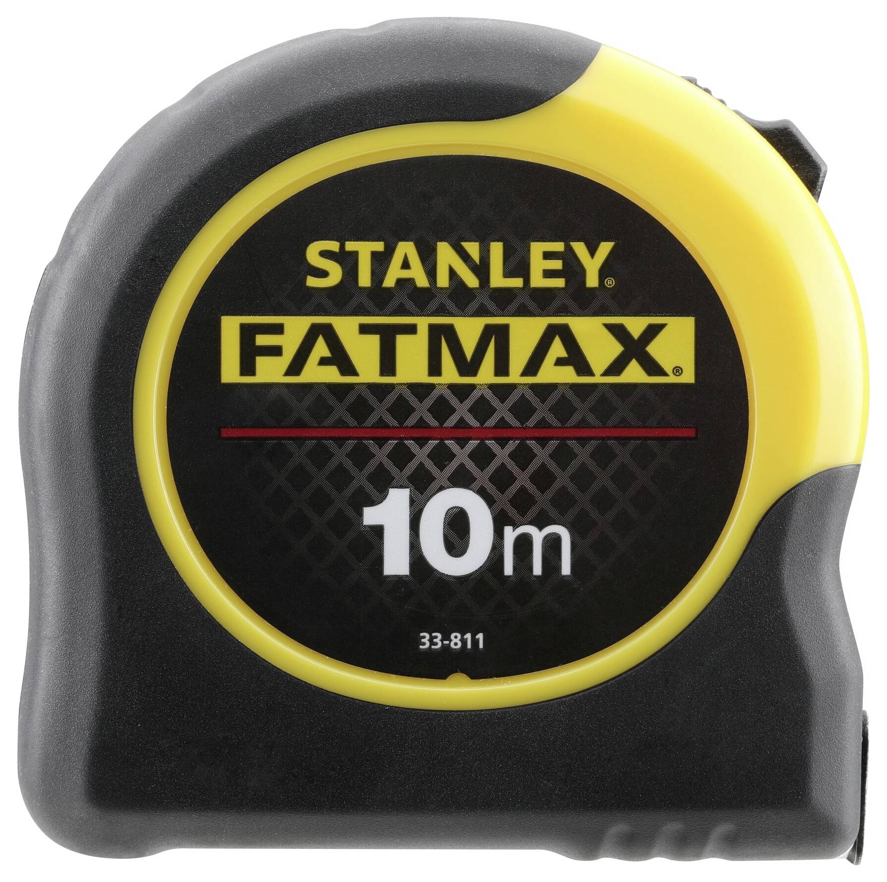 Czarne i żółte stalowe miernicze Stanley FATMAX o długości 10 metrów, numer modelu 33-811.