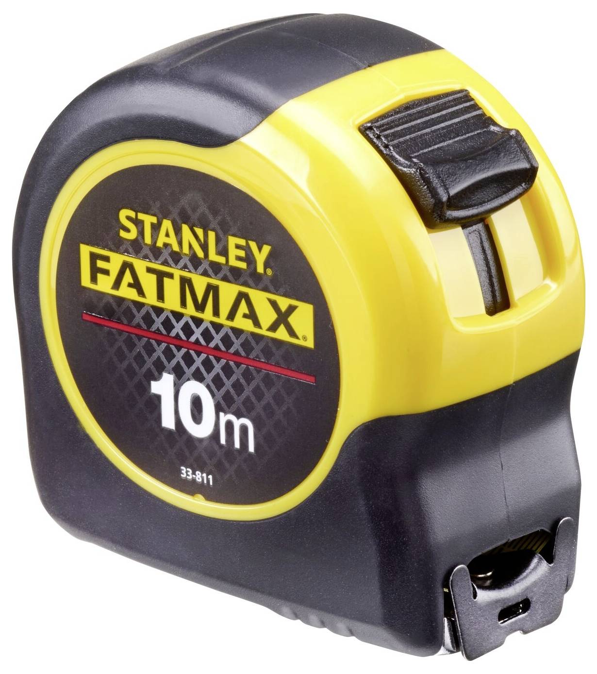 Żółto-czarna miarka zwijana Stanley, model Fatmax, o długości 10 metrów.