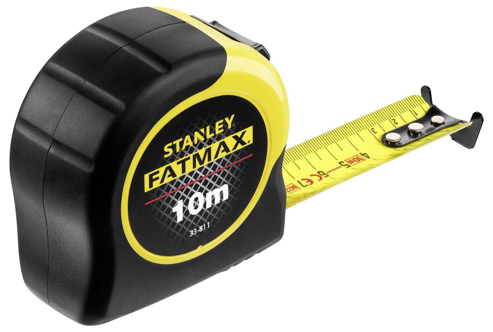 Czarno-żółta miarka zwijana z napisem 'STANLEY FATMAX 10m'. Miarka jest częściowo rozłożona i widać na niej podziałki długości.