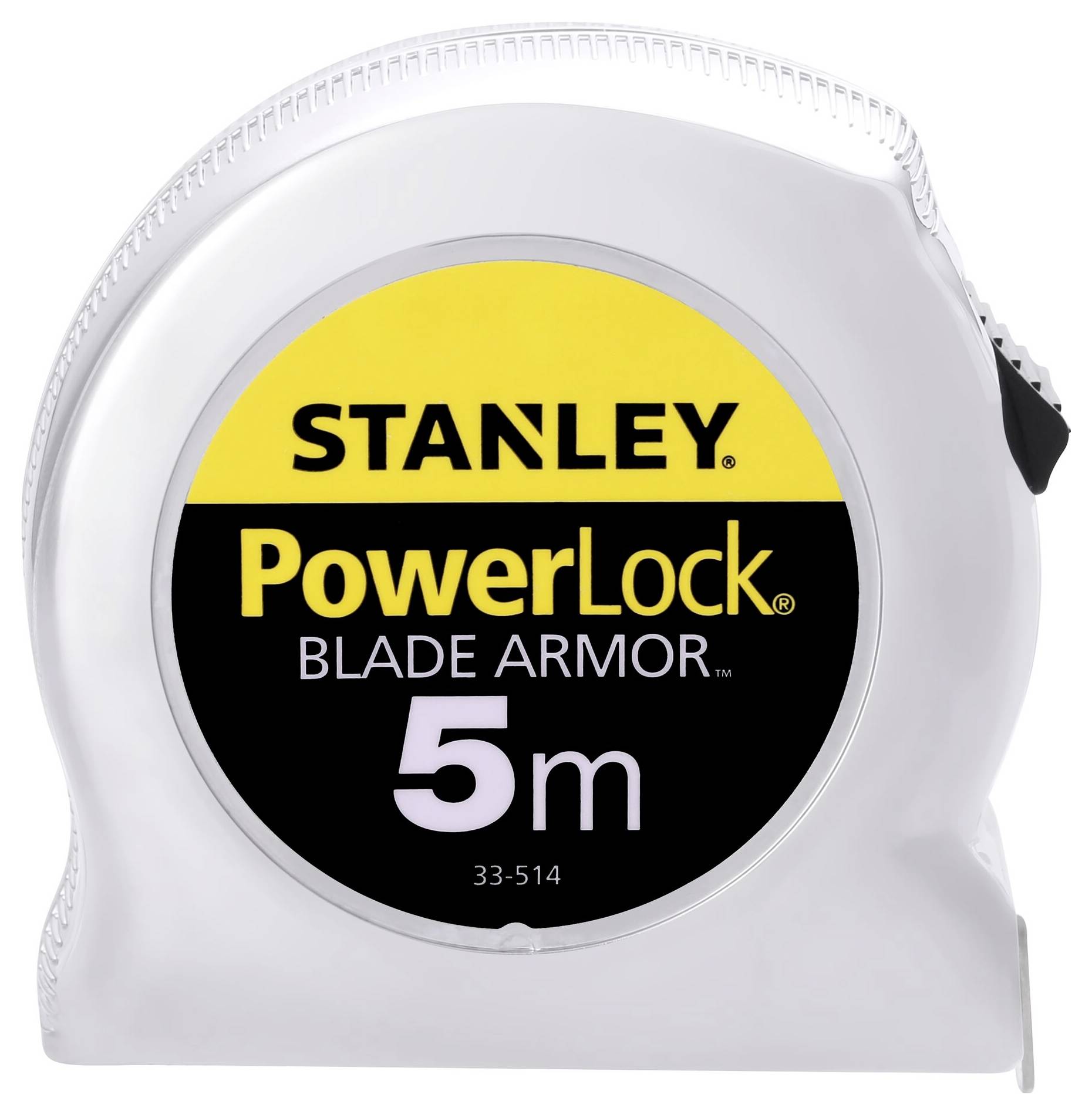 Miarka z napisem 'Stanley PowerLock Blade Armor 5m, 33-514', obudowa w kolorze srebrnym, etykieta żółto-czarna.