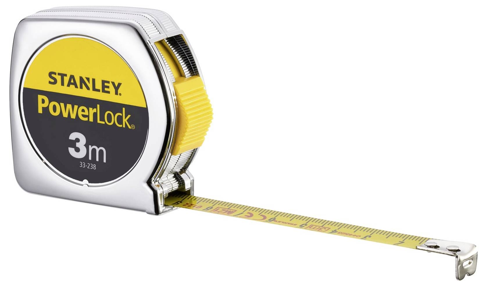 Miara zwijana marki Stanley, model 'PowerLock', o długości 3 metrów. Obudowa jest srebrna, a taśma żółta.