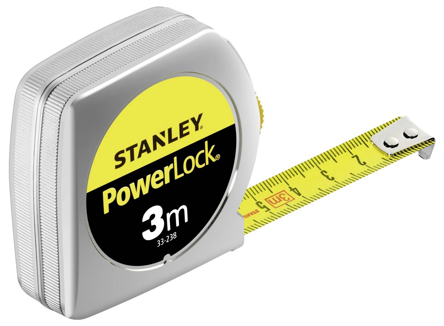 Zwijany miarodajny mierniczy firmy 'Stanley PowerLock', nawinięty na 3 metry, z żółtą taśmą i czarną skalą.