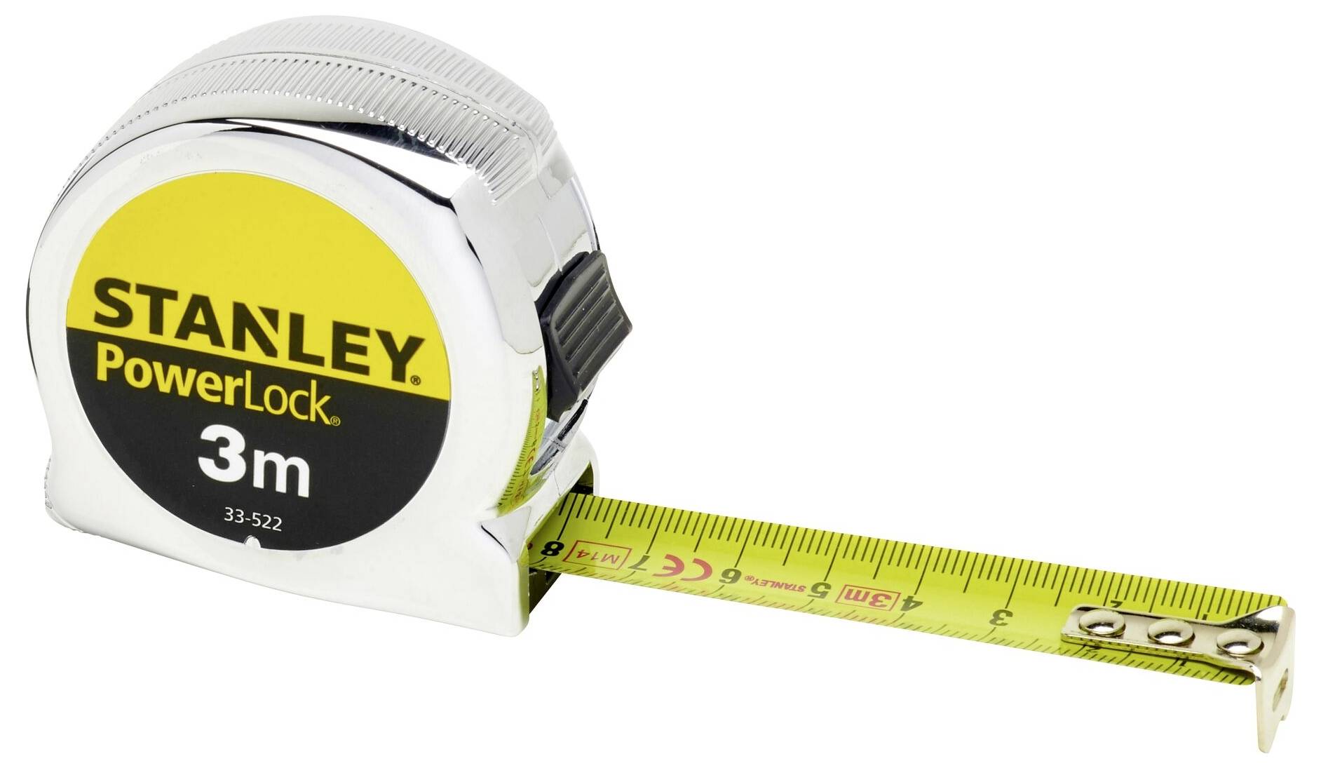 Srebrno-żółta miarka stalowa firmy Stanley, rozłożona na długość około 10 cm. Na miarce widnieje napis '3m'.