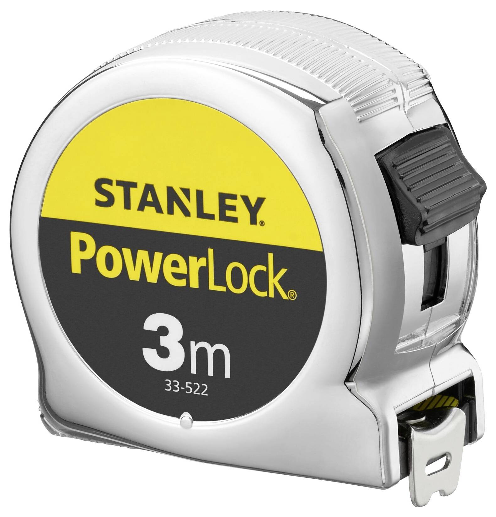 Metalowy miarkę firmy Stanley z żółto-czarnym nadrukiem 'PowerLock 3m', przeznaczoną do pomiarów długości do 3 metrów.