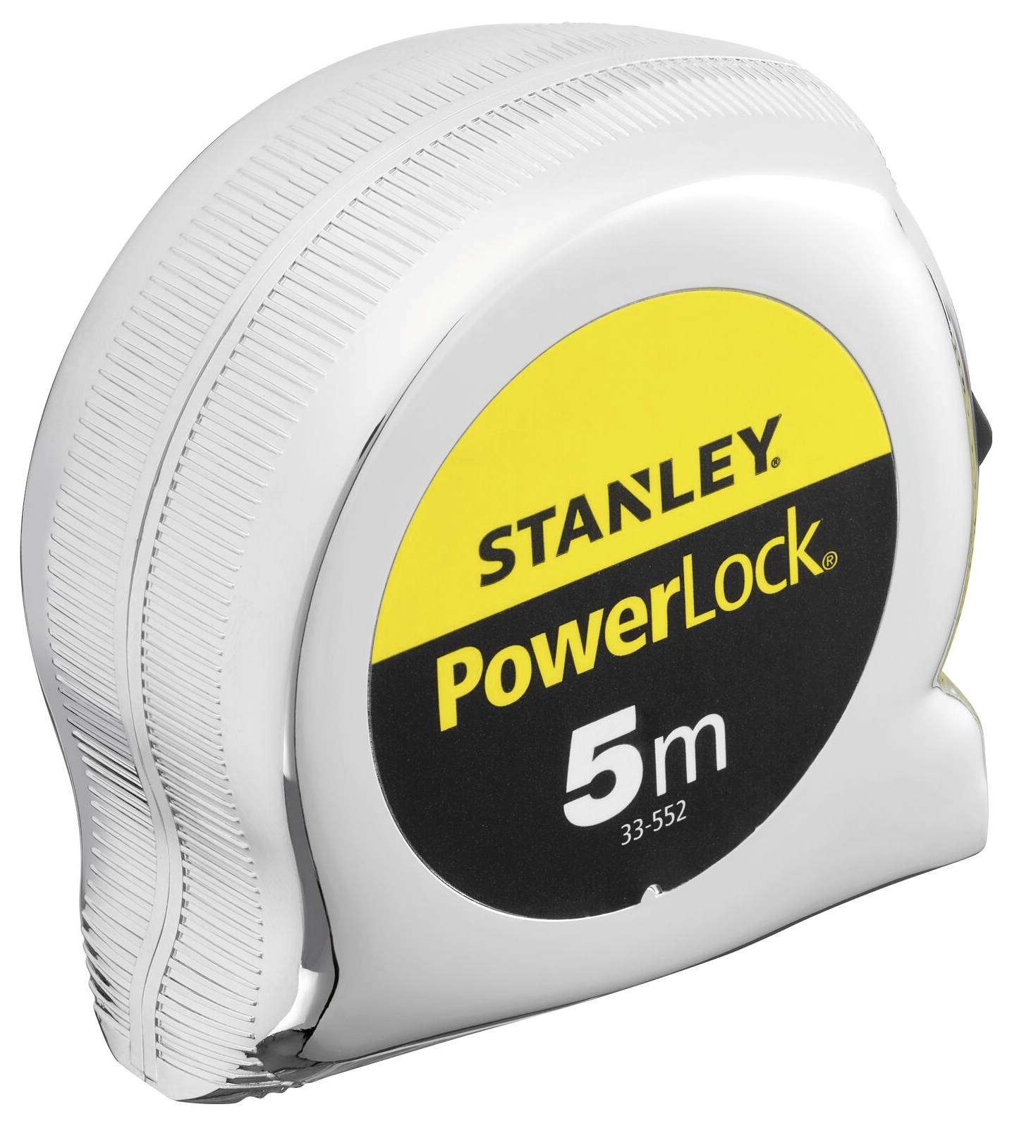 Srebrna miarka zwijana 'STANLEY PowerLock 5m' widziana z boku. Idealna do precyzyjnych pomiarów.