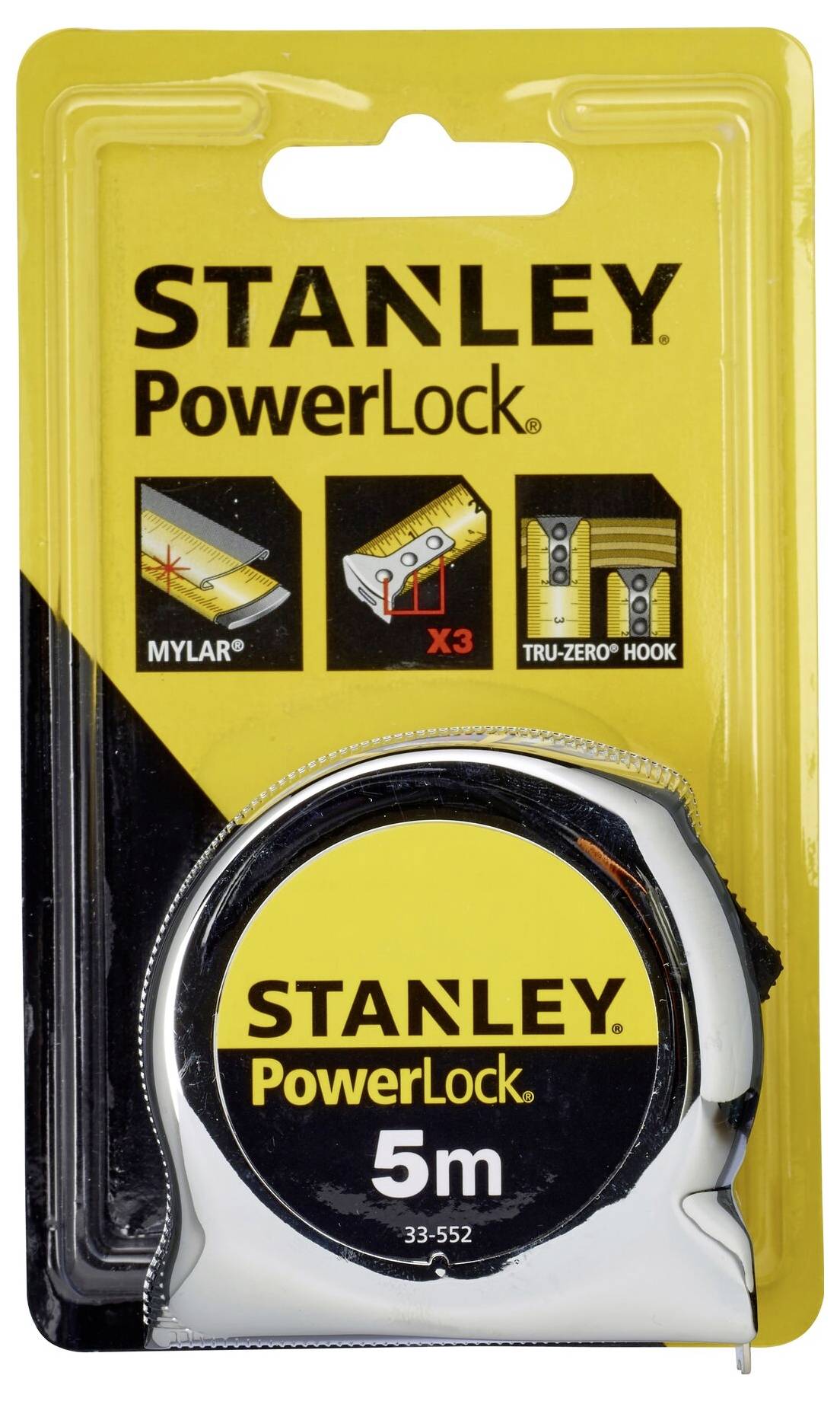 Opakowanie miernika Stanley PowerLock o długości 5 metrów, prezentujące funkcje takie jak powłoka Mylar oraz haki Tru-Zero.