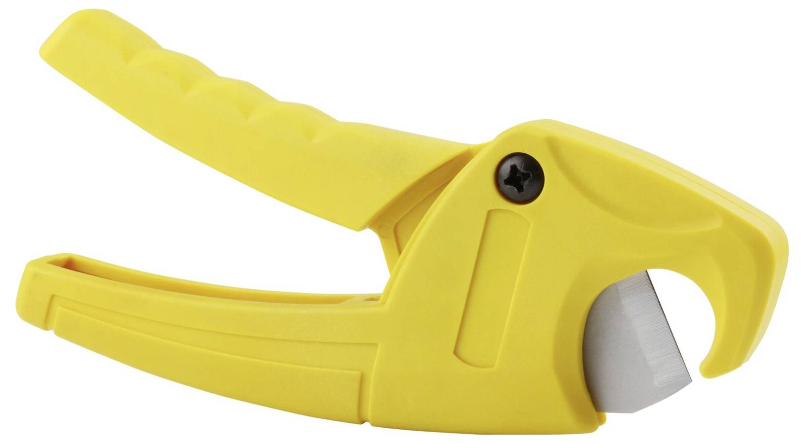 Żółty obcinacz do rur PVC z ergonomicznym uchwytem i ostrym ostrzem, odpowiedni do precyzyjnego cięcia rur z tworzywa sztucznego.
