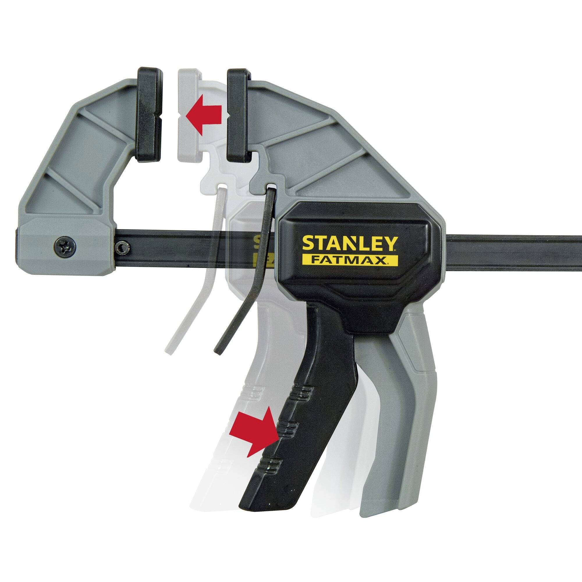 Szara klamra z logo 'Stanley Fatmax', prezentująca pozycję otwartą i zamkniętą. Strzałki ilustrują kierunek ruchu.