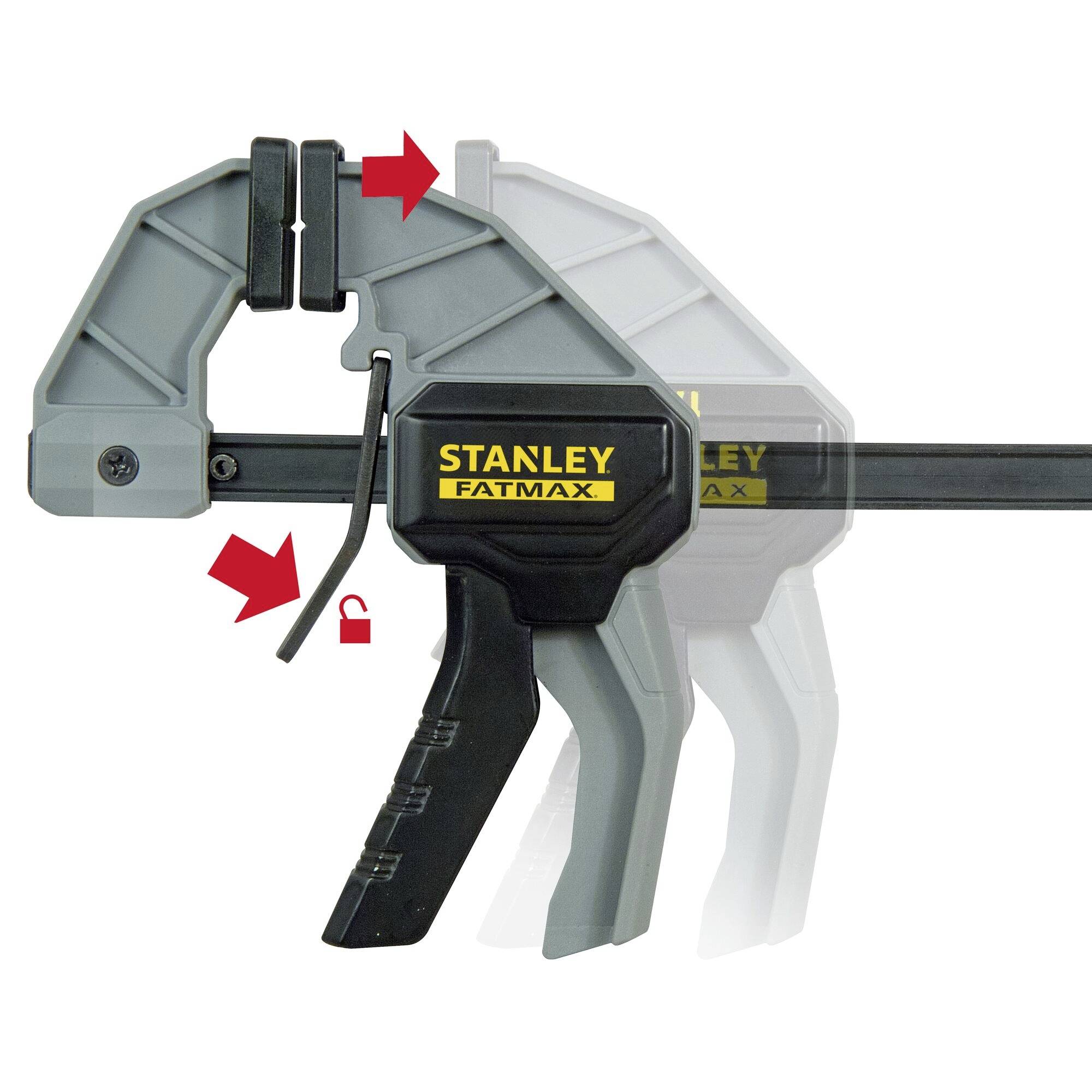 Zacisk szybkomocujący zabezpieczony dźwignią zwalniającą. Strzałki wskazują kierunek ruchu oraz funkcję blokowania.