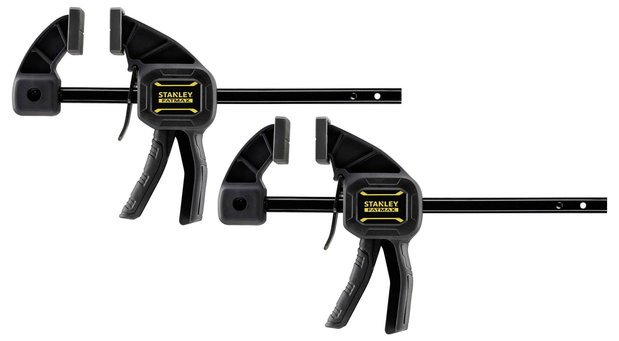 Dwie metalowe ściskacze szybkomocujące Stanley, każdy z czarnym uchwytem i żółtym logo, ułożone obok siebie. Przydatne do mocowania elementów roboczych.