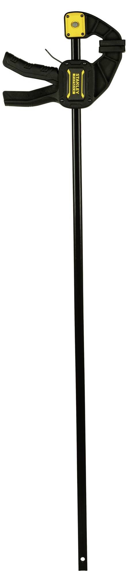 Podłużny, czarny zacisk śrubowy z żółtymi akcentami, używany do mocowania lub trzymania materiałów podczas prac stolarskich i metalowych.