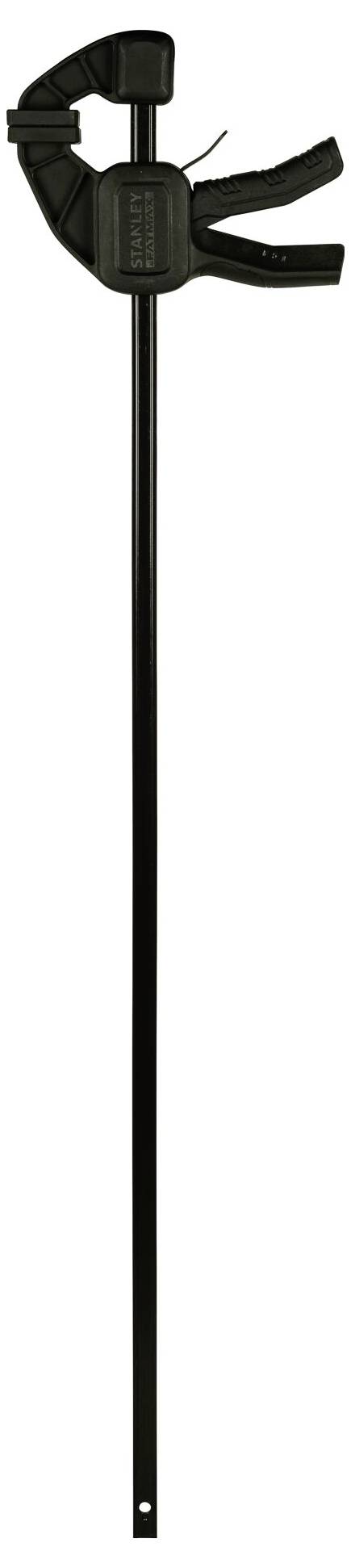 Czarna zaciskowa imadło jednostronne z długim metalowym ramieniem do mocowania elementów. Stosowana w projektach rzemieślniczych i budowlanych.