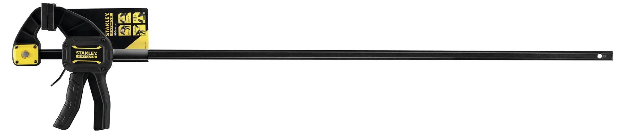 Ścisk śrubowy w żółto-czarnym kolorze, odpowiedni do mocnego mocowania elementów podczas obróbki drewna lub montażu.