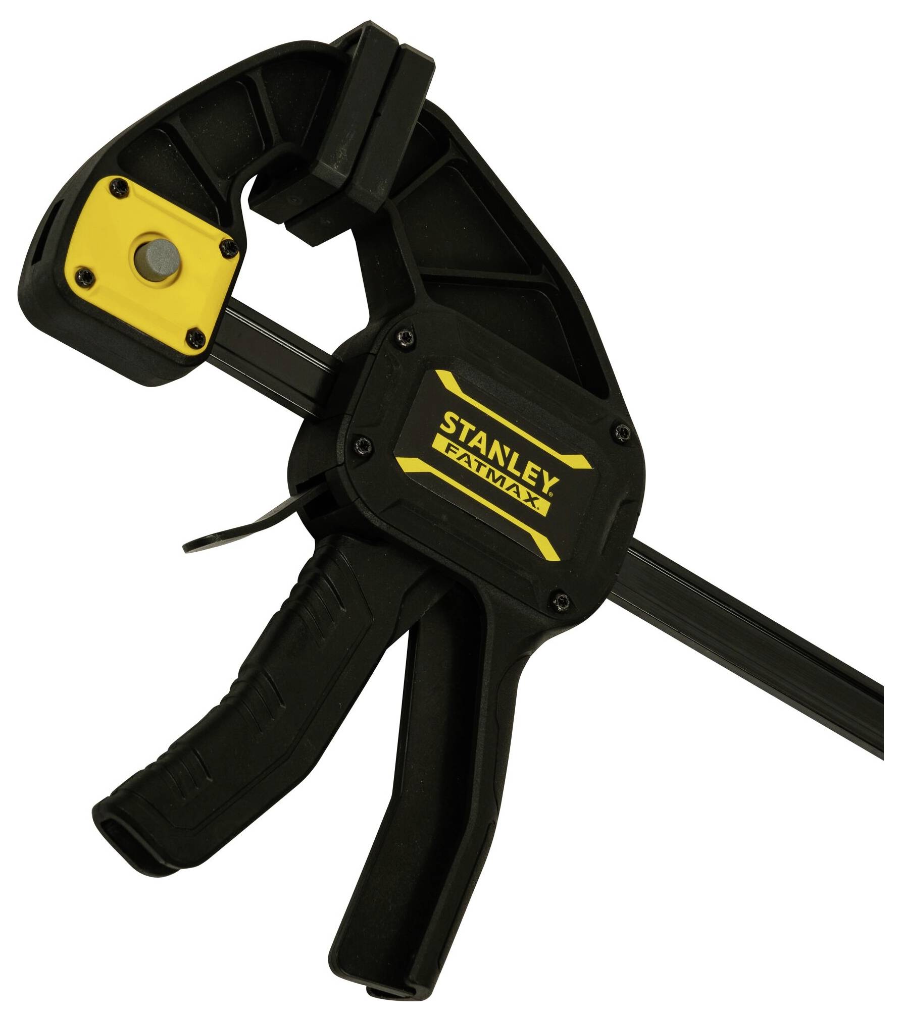 Czarna i żółta zaciśka z napisem 'Stanley Fatmax', z ergonomicznym uchwytem i mechanizmem blokady.