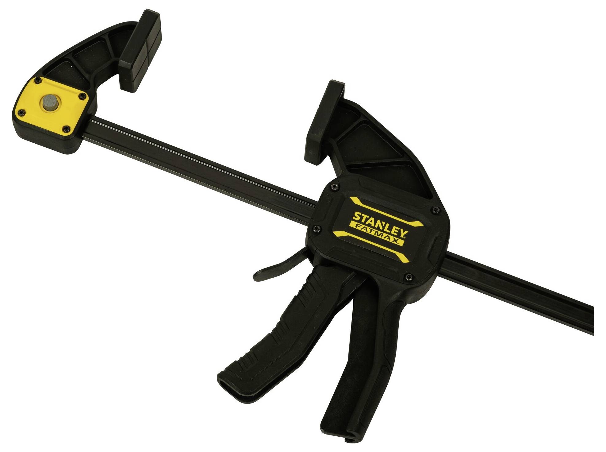 Czarna ścisk śrubowa z żółtym elementem i napisem 'STANLEY' po stronie uchwytu, odpowiednia do mocowania elementów podczas pracy.