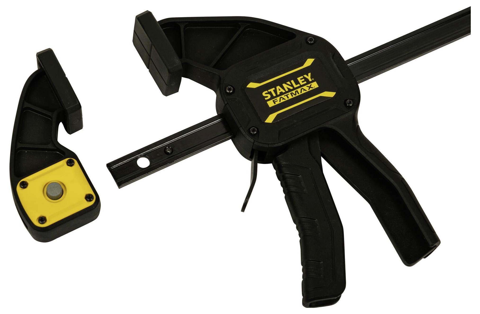 Czarna ścisk stolarska z żółtymi akcentami i zdejmowaną głowicą; do mocowania elementów podczas prac majsterkowiczów.
