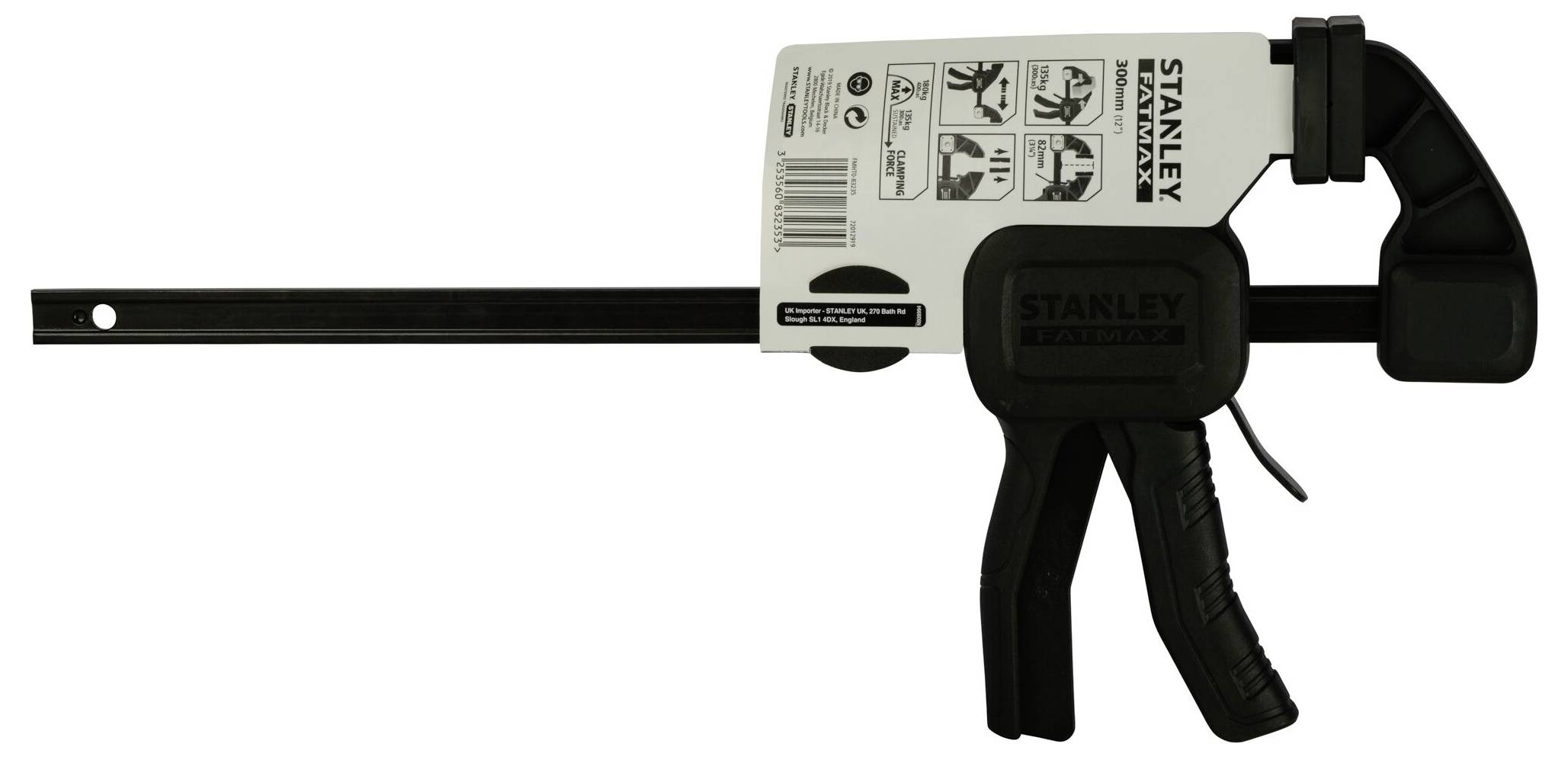 Narzędzie zaciskowe z czarnym uchwytem i dźwignią obsługową; odpowiednie do prac drewnianych lub metalowych. Widoczna nazwa marki 'Stanley'.