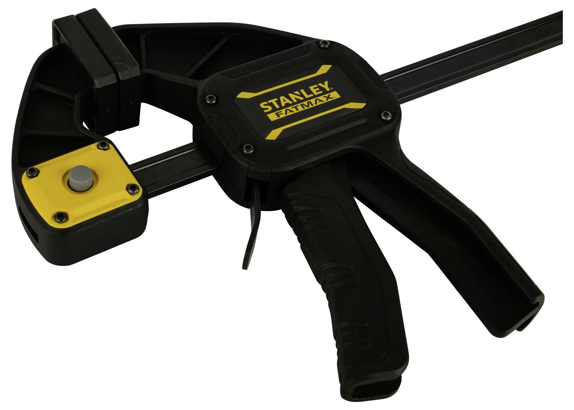 Czarna ścisk jednoręczna Stanley z żółtymi akcentami.