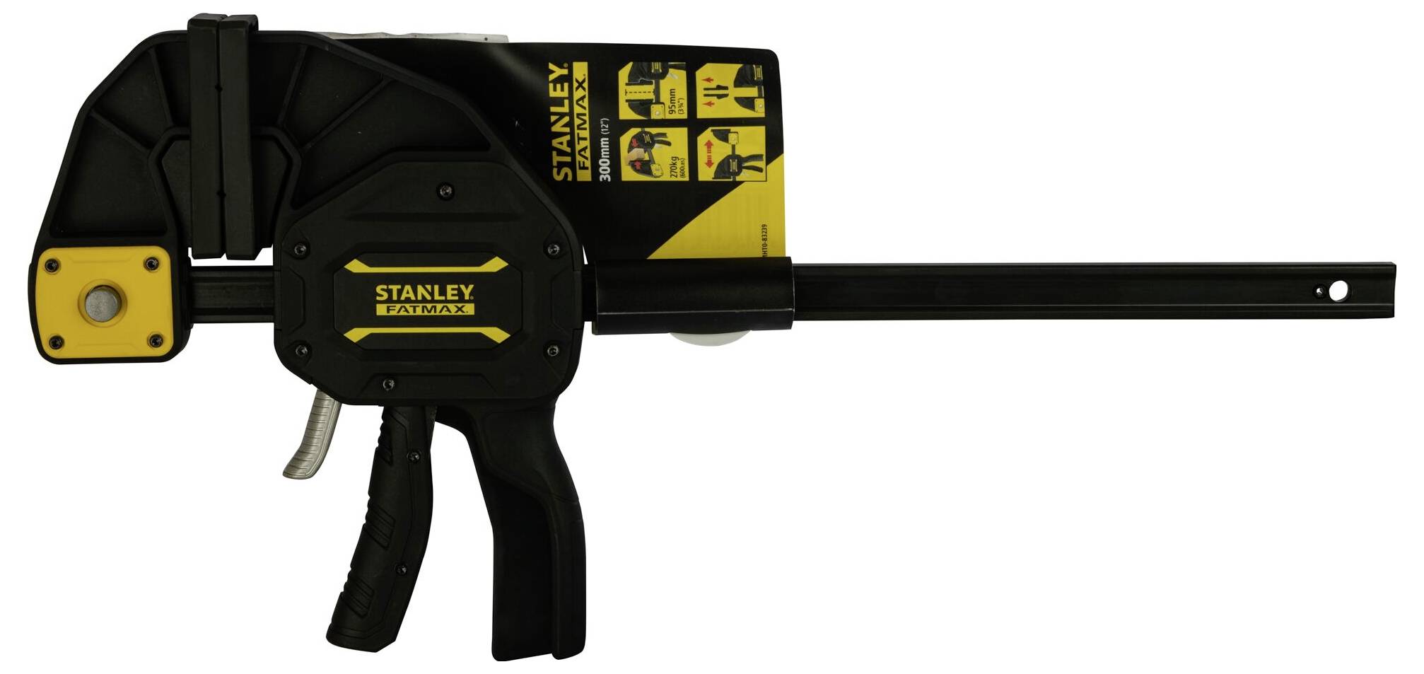 Czarna ścisk śrubowa Stanley z żółtymi elementami. Przeznaczona do mocowania elementów roboczych w warsztacie.
