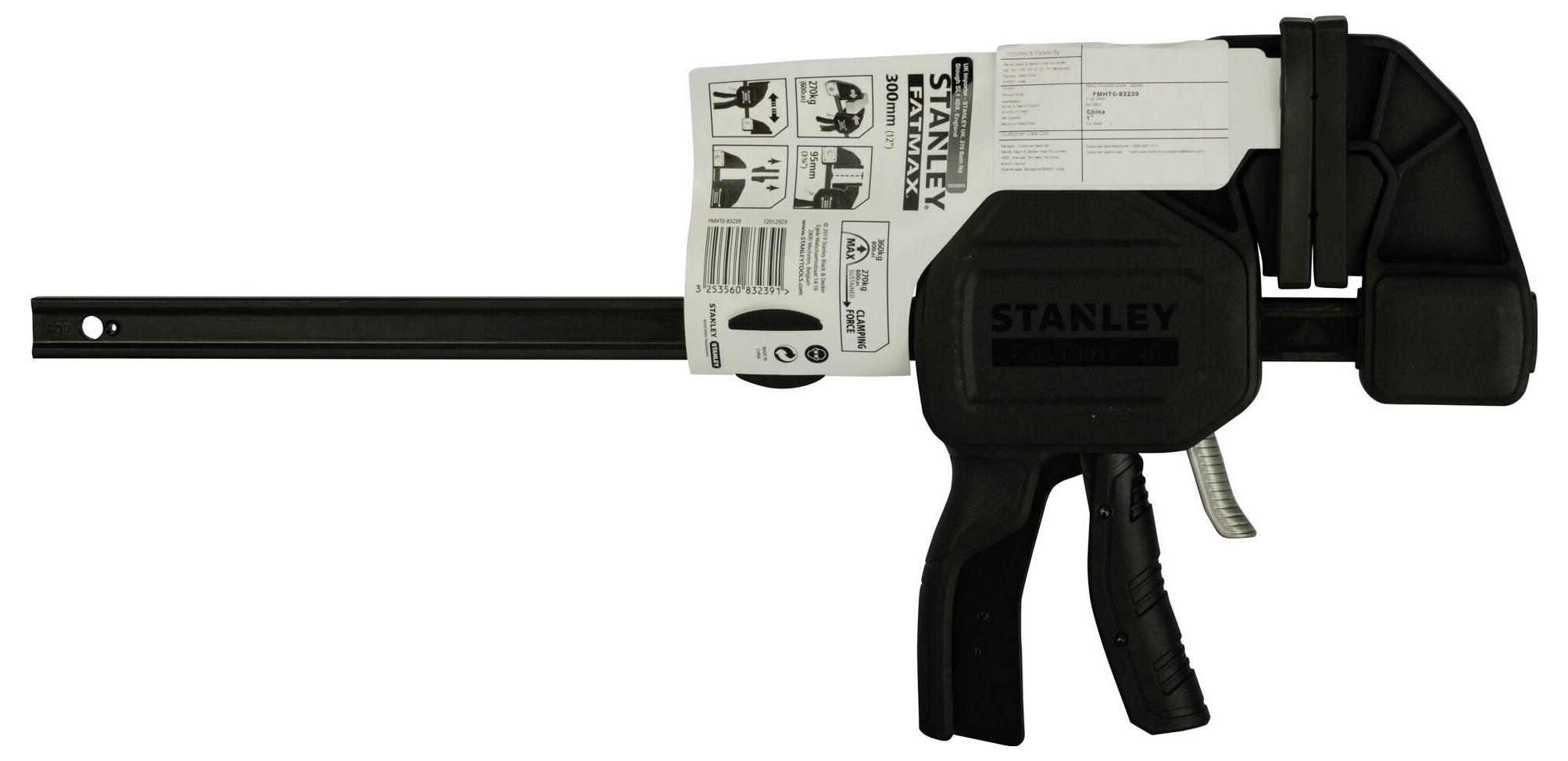 Czarna ścisk śrubowa firmy Stanley z uchwytem z tworzywa sztucznego oraz opakowaniem zawierającym instrukcję montażu i informacje o produkcie.
