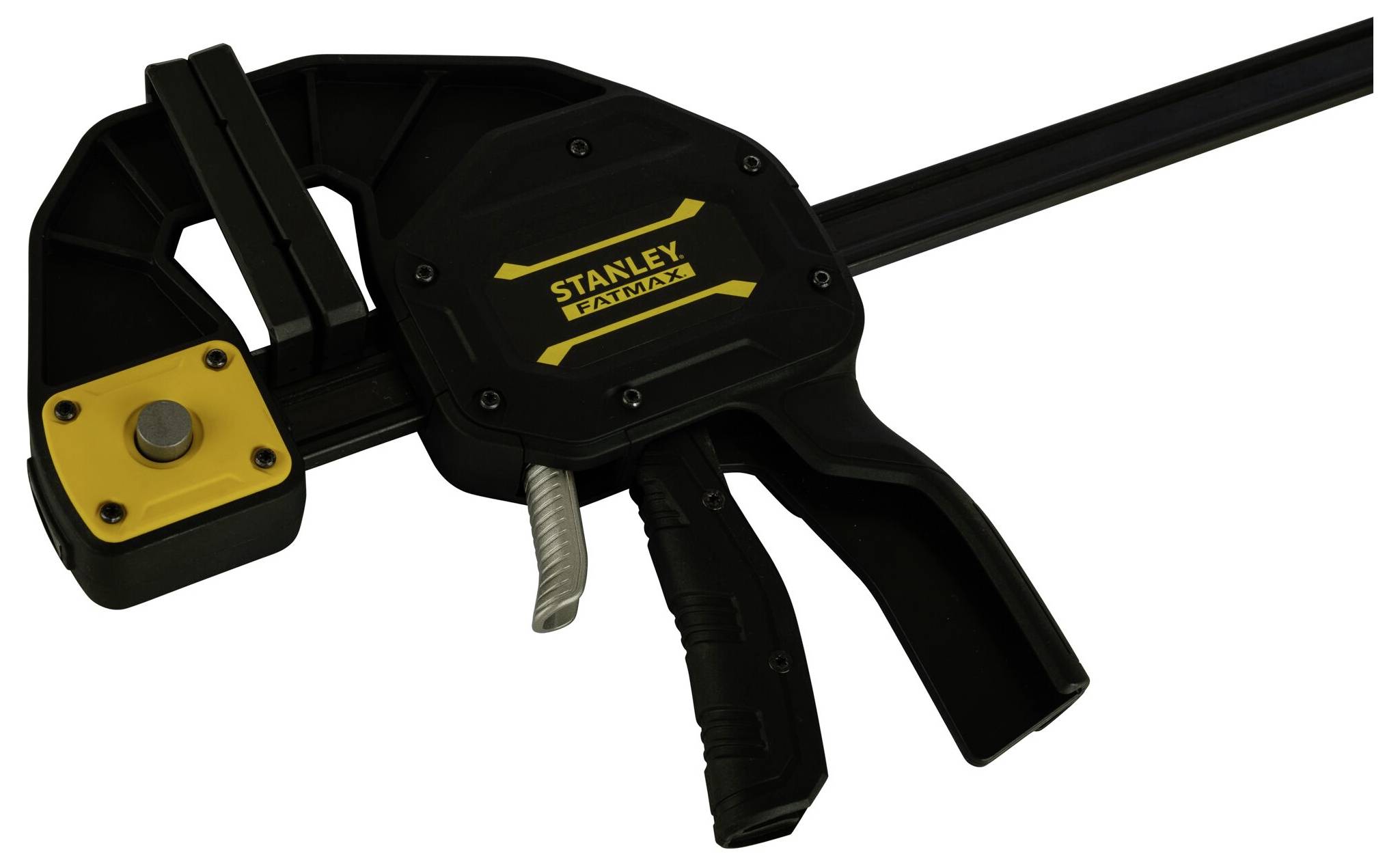 Czarna i żółta ścisk śrubowy z szybkozaciskiem, wyposażony w ergonomiczny uchwyt z logo 'Stanley Fatmax', używany do mocowania elementów podczas pracy.