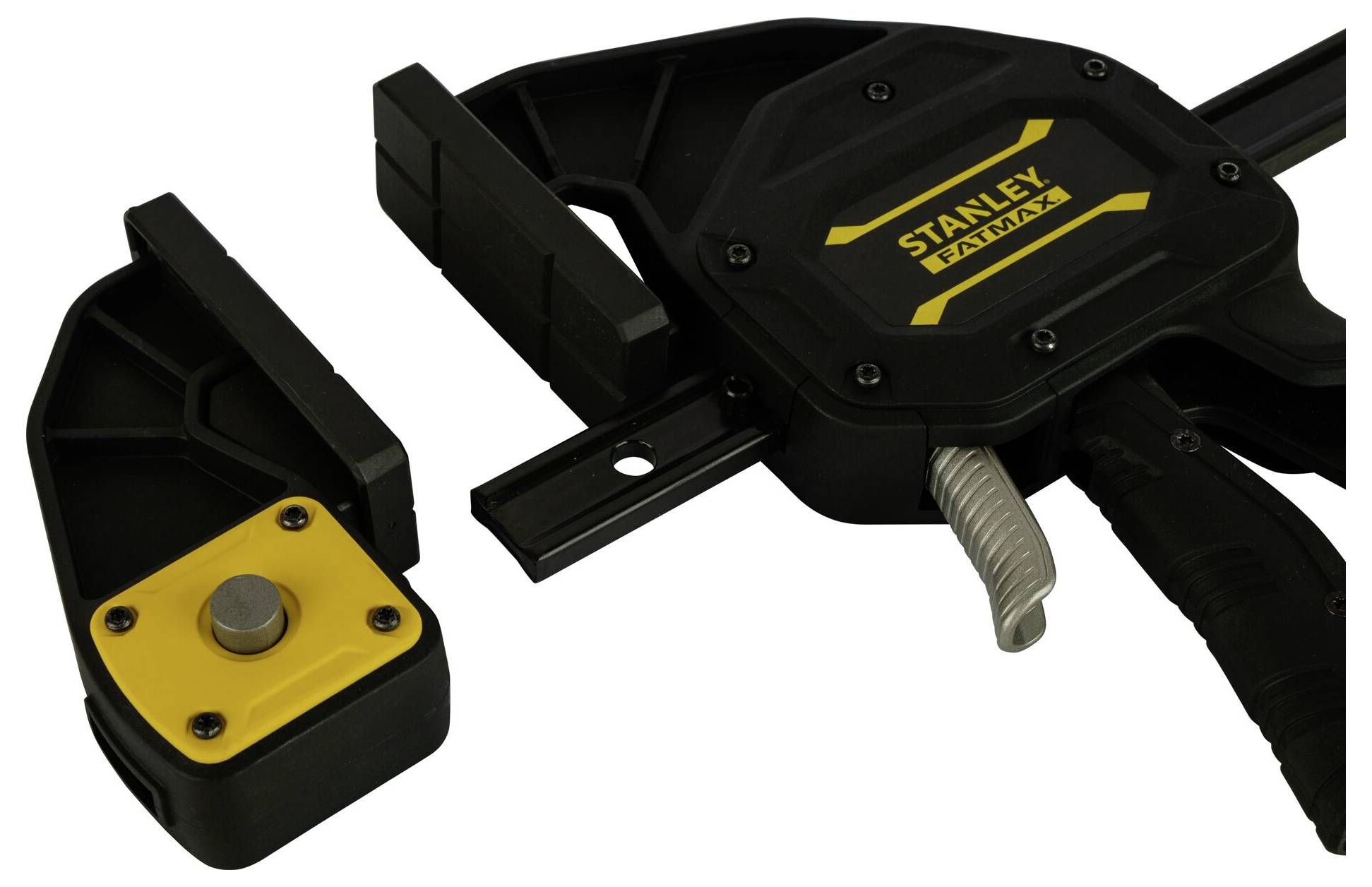 Czarna i żółta ścisk śrubowy firmy Stanley, częściowo rozłożony, leży na białym tle.