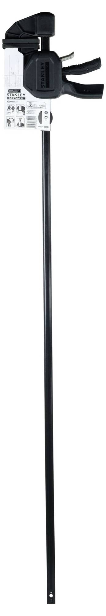 Czarna ściska stolarska z długą rączką, przeznaczona do prac stolarskich. Nadaje się do mocowania lub ściskania elementów podczas obróbki.