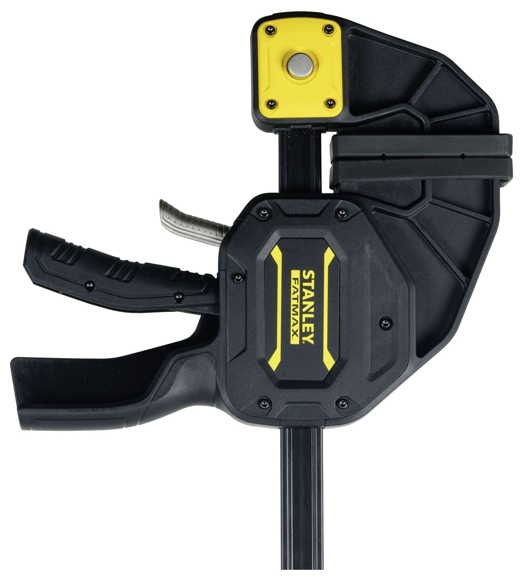 Czarna ścisk śrubowa Stanley z żółtymi akcentami, używana do mocowania elementów podczas prac rzemieślniczych lub budowlanych.
