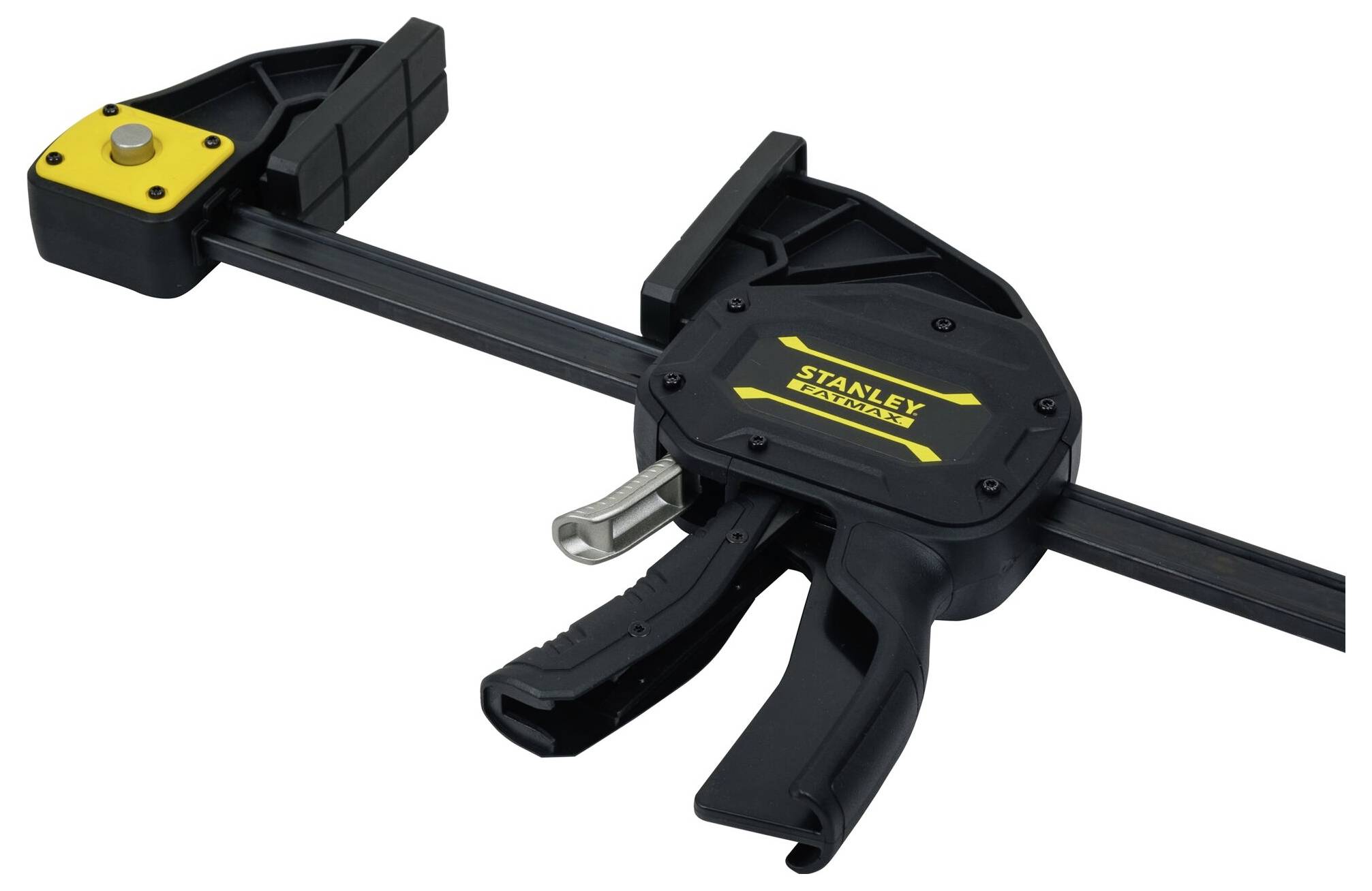 Czarna ścisk stolarska Stanley Fatmax z żółtymi akcentami, odpowiednia do pewnego mocowania elementów obrabianych.