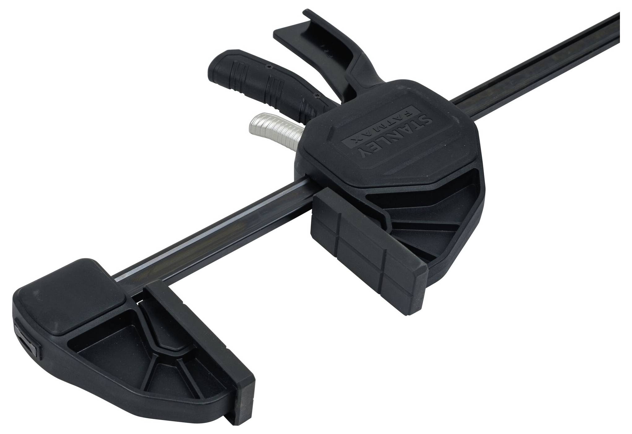 Czarna ręczna zaciskarka z tworzywa sztucznego z dźwignią szybkomocującą i przesuwnymi szczękami, sfotografowana na białym tle.