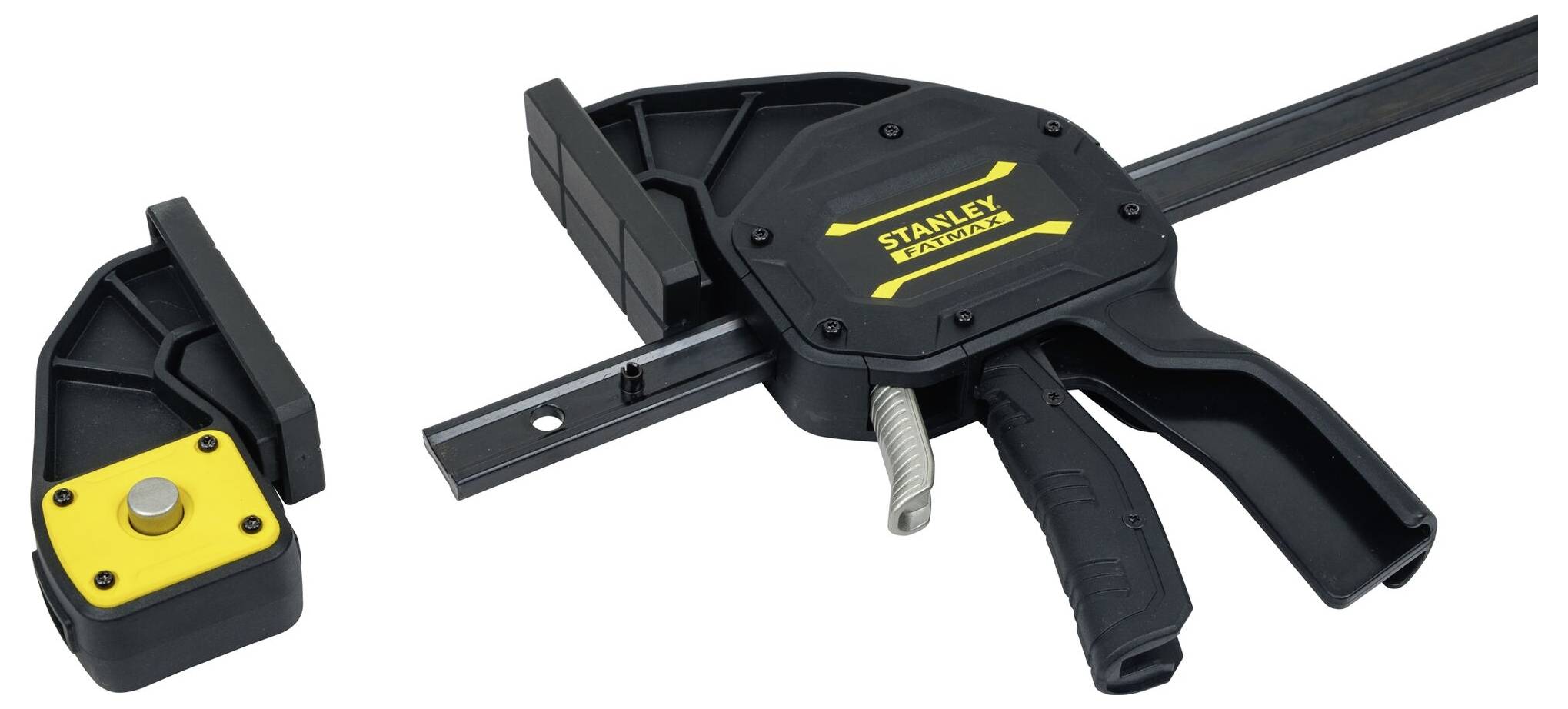 Czarna imadło Stanley z żółtym logo, składające się z długiej szyny i dwóch uchwytów, leży na białym tle.