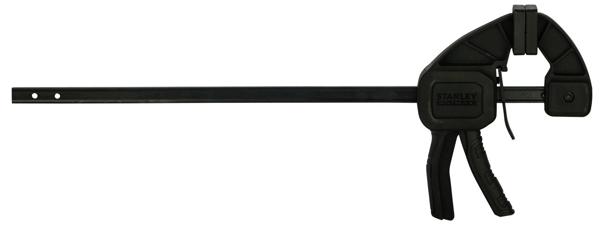 Czarna ścisk śrubowa z długą rączką i mechanizmem zapadkowym, przeznaczona do pewnego mocowania materiałów podczas pracy.