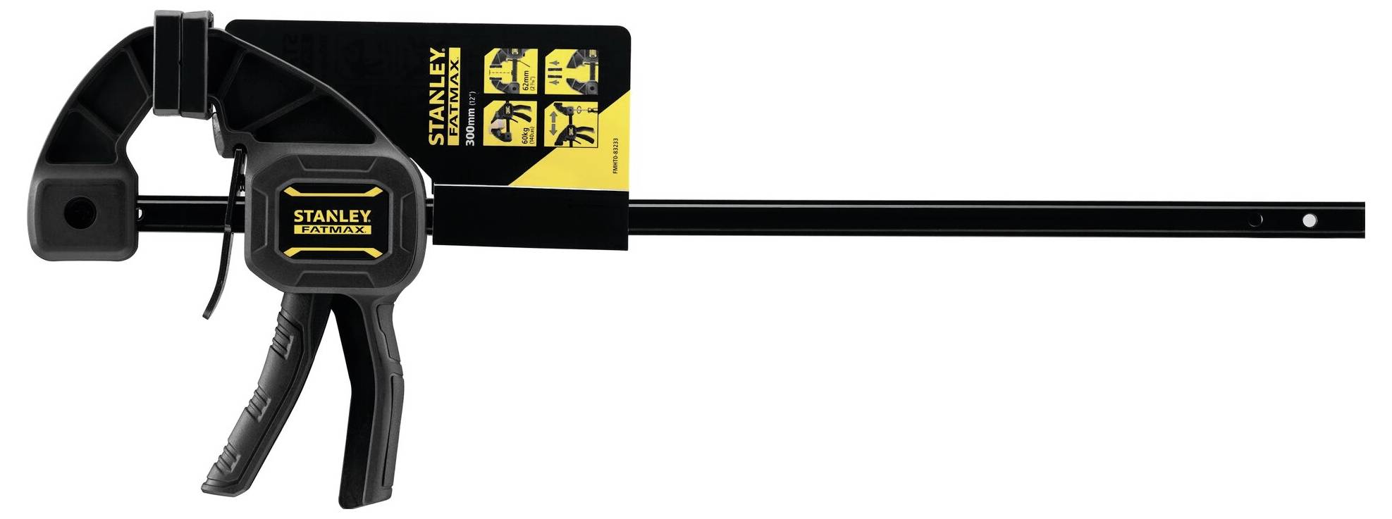 Czarna imadło śrubowe Stanley z długim metalowym prętem i uchwytem, odpowiednie do prac stolarskich i projektów warsztatowych.