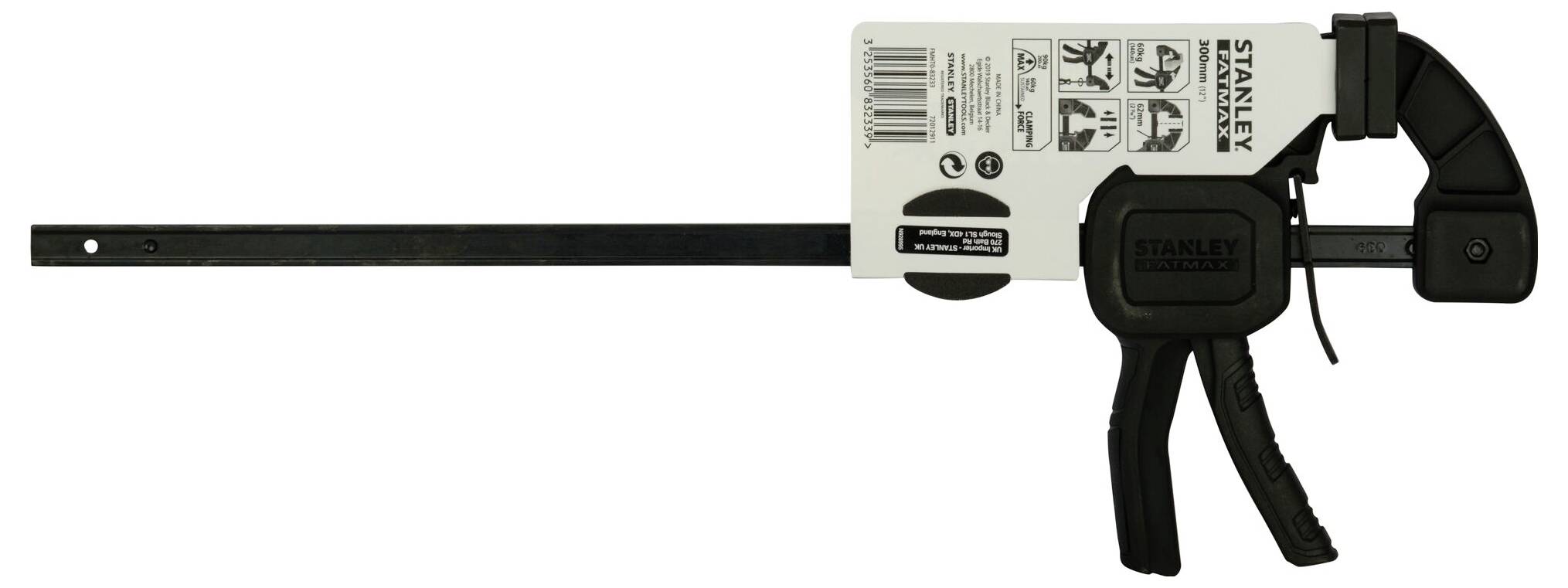 Czarna ścisk ze szybkozaciskiem, wyposażona w uchwyty z tworzywa sztucznego i etykietą z oznakowaniem, umieszczona na białym tle.