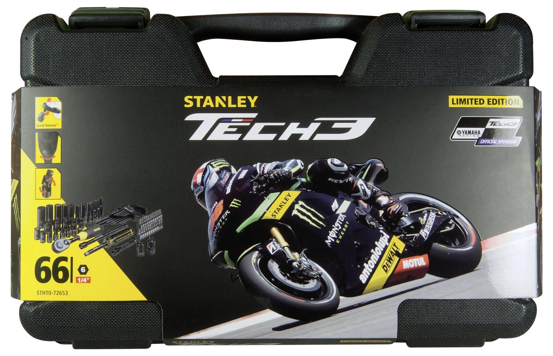 Limitowany sportowy kufer motocyklowy firmy Stanley Tech3, przedstawiający kierowcę wyścigowego na motocyklu w czarnym stroju.