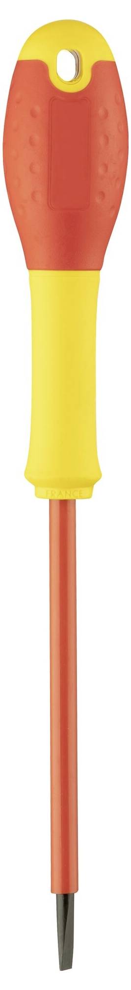 Wkrętak z czerwonym uchwytem i żółtą częścią chwytową, izolowany na białym tle. Narzędzie do prac domowych i rzemieślniczych.