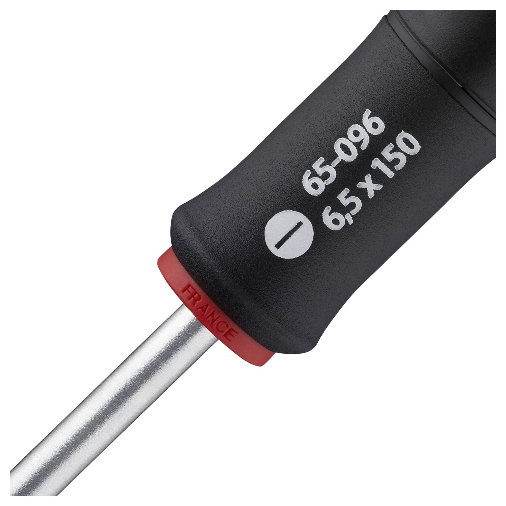 Wkrętak z czarną rękojeścią, numer 65-096, rozmiar 6,5 x 150, wyprodukowany we Francji.