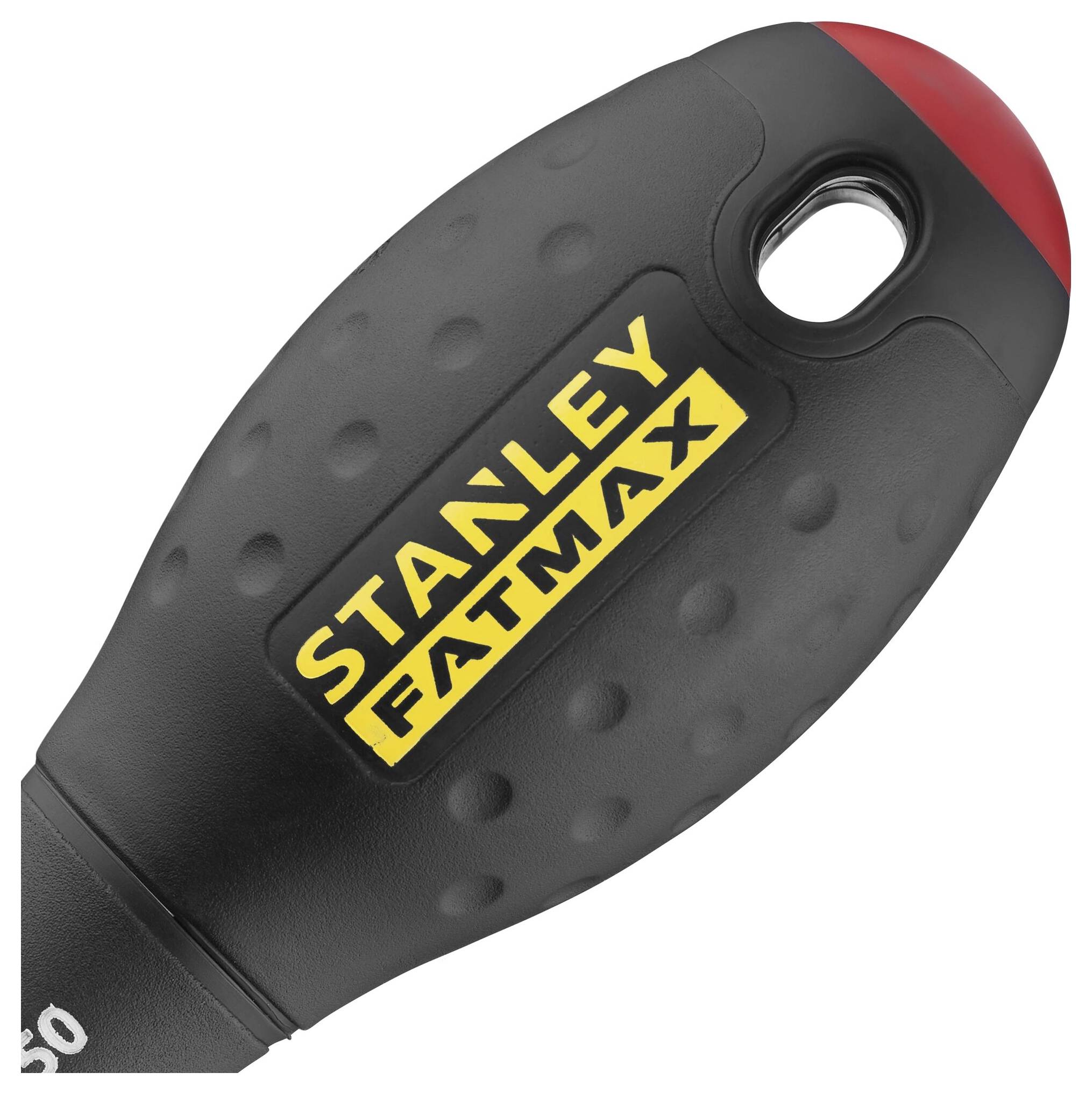 Czarny, gumowany uchwyt wkrętaka marki 'Stanley Fatmax' z czerwonym zakończeniem i teksturą zapewniającą lepszy chwyt.