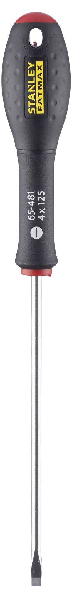 Wkrętak z czarnym uchwytem, żółtym logo i płaskim metalowym ostrzem. Odpowiedni do wkręcania śrub płaskich.