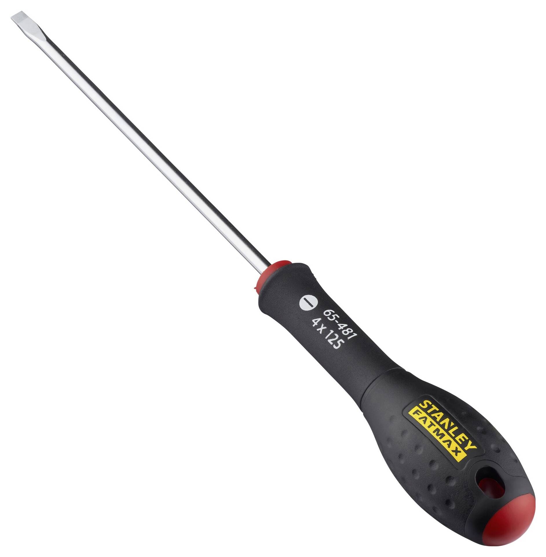 Wkrętak płaski z ergonomicznym uchwytem, z napisem 'STANLEY FATMAX', odpowiedni do typowych zadań związanych z wkręcaniem śrub.