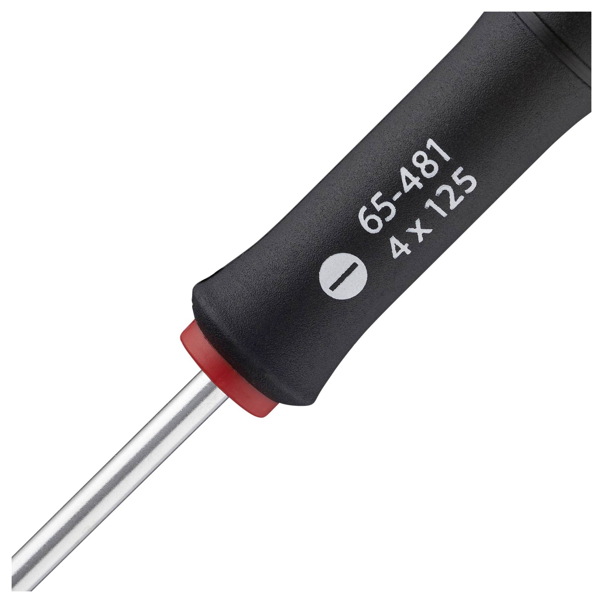 Wkrętak z czerwonym pierścieniem na trzonku, oznaczony napisem: '65-481 4 x 125', odpowiedni do wkrętów płaskich.