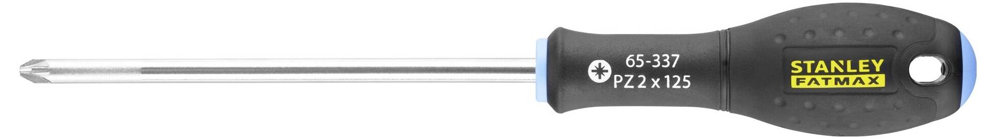 Wkrętak z czarnym uchwytem, metalowym grotem, żółtą etykietą 'Stanley Fatmax' na rękojeści. Numer modelu: GS-337.