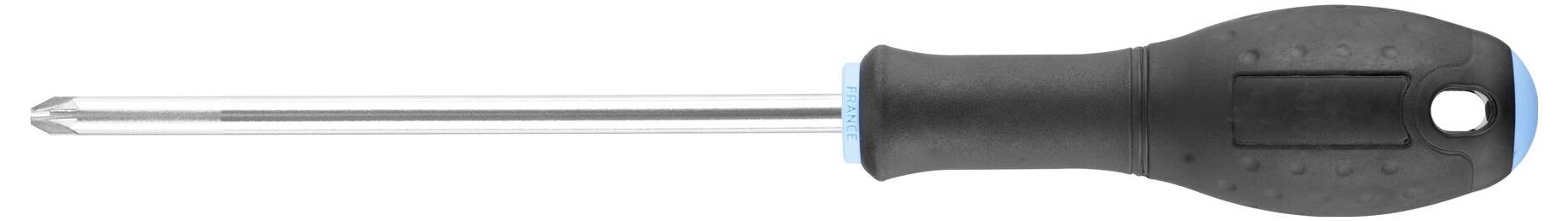 Wkrętak krzyżakowy z czarną rękojeścią na białym tle.