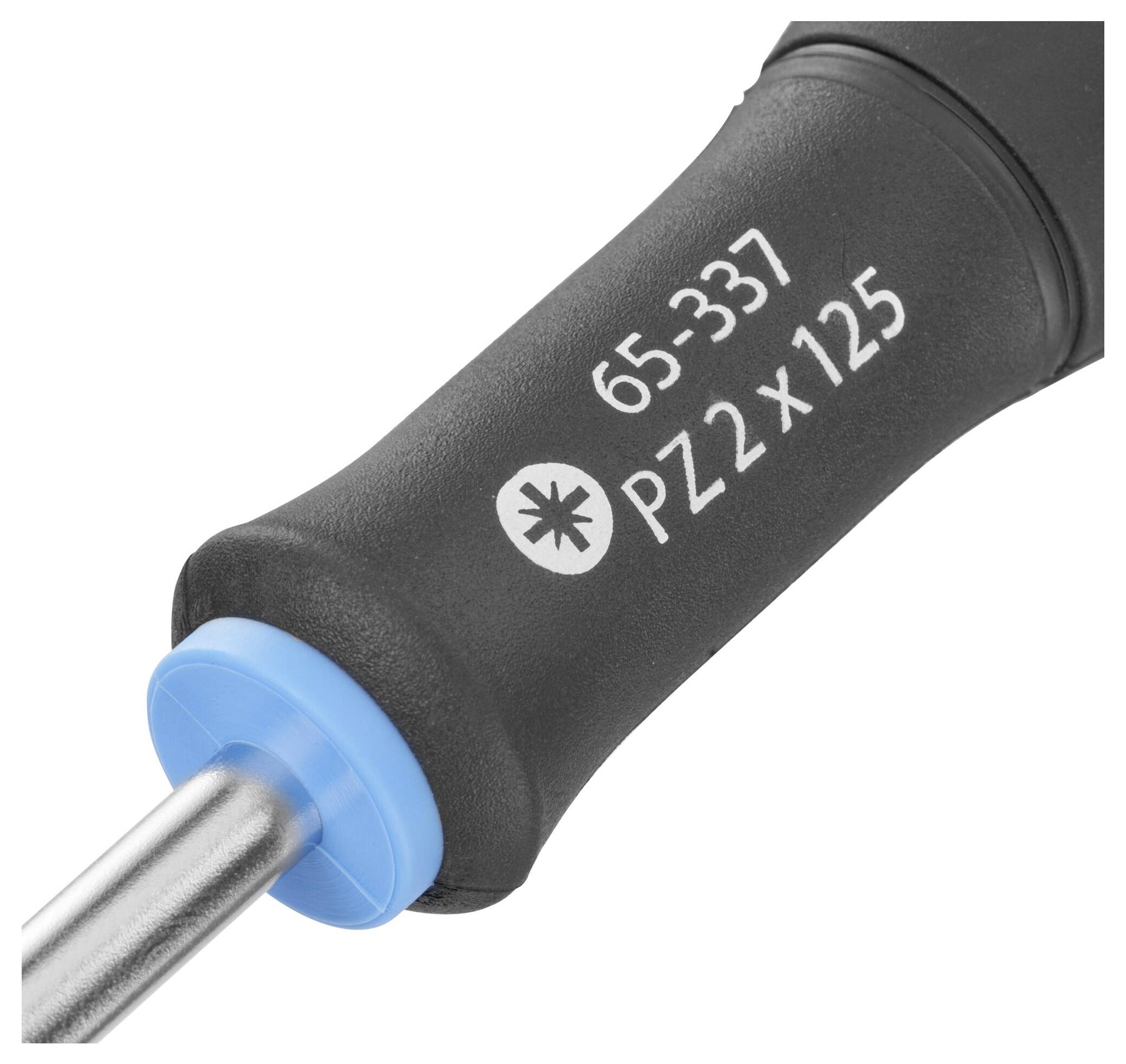 Śrubokręt krzyżowy PZ2 z czarnym uchwytem i niebieskim czubkiem. Na uchwycie widnieje napis '65-337 PZ2 x125'.